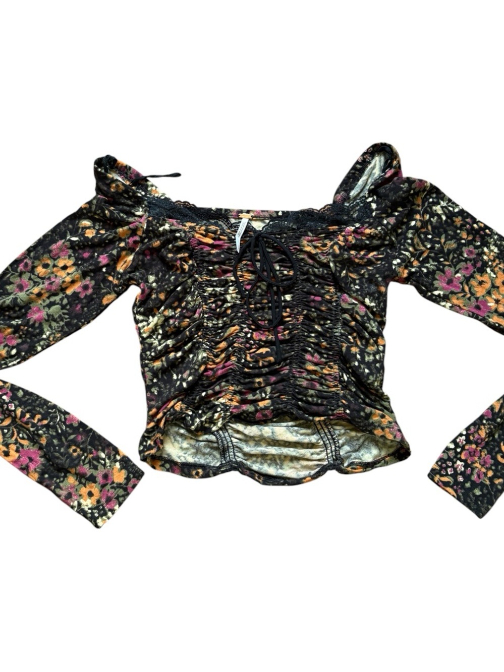Free People Black Floral Ruched Crop Top with Pink & Yellow Accents